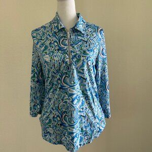 GG Blue Luxe Sport Top Women's Blue Green Patten Golf Long Sleeves 1/4 Zip SZ S